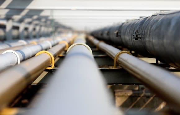 A view looking down a series of pipes.