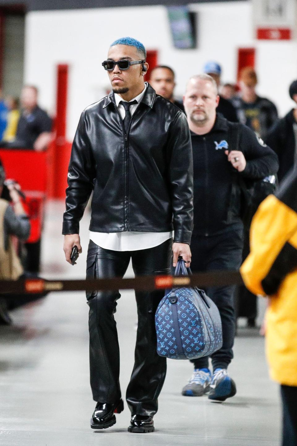 Detroit Lions wide receiver Amon-Ra St. Brown arrives for the NFC championship game at Levi's Stadium in Santa Clara, Calif. on Sunday, Jan. 28, 2024.