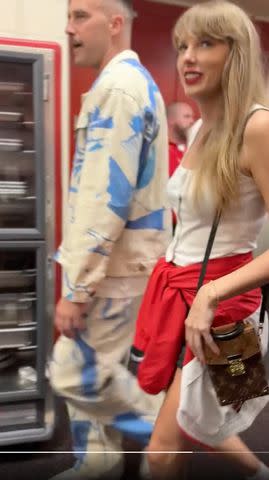 <p>NFL/Twitter</p> Travis Kelce and Taylor Swift leave a Chiefs game