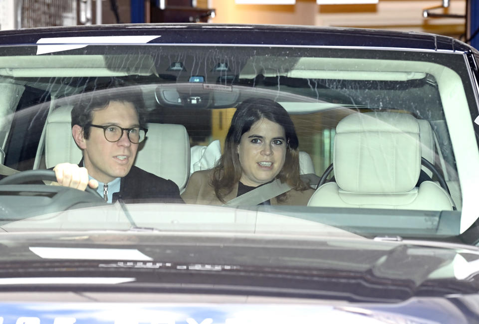 LONDON - FEBRUARY 12: Jack Brooksbank and Princess Eugenie of York depart the Portland Hospital for Women on February 12, 2021 in London, United Kingdom. Princess Eugenie was safely delivered of a son today, 9th February 2021, at 0855hrs at The Portland Hospital. This is Princess Eugenie and Jack Brooksbank's first child, The Duke of York and Sarah, Duchess of York's first grandchild, and the ninth great-grandchild for The Queen and The Duke of Edinburgh. (Photo by Karwai Tang/WireImage)