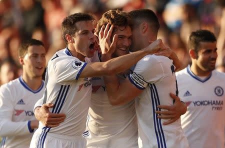 Britain Football Soccer - AFC Bournemouth v Chelsea - Premier League - Vitality Stadium - 8/4/17 Chelsea's Marcos Alonso celebrates scoring their third goal with teammates Action Images via Reuters / John Sibley Livepic