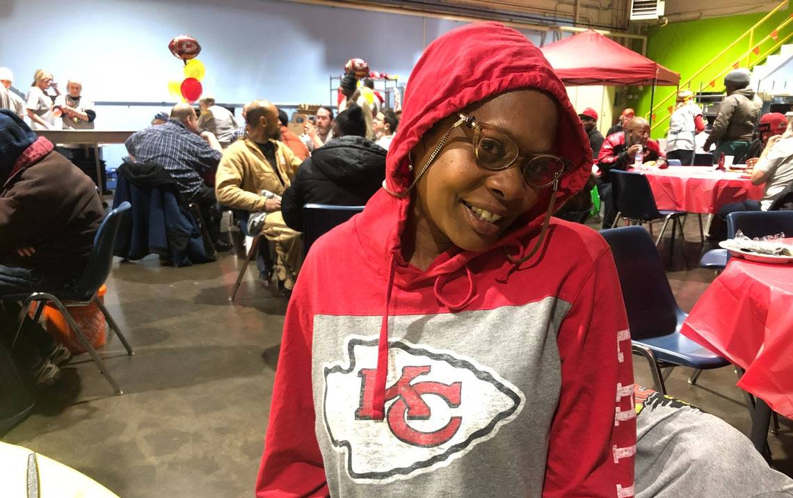 Lynn Grace watched the Super Bowl at a watch party for people experiencing homelessness at Morning Glory Ministries, at the Cathedral of the Immaculate Conception in downtown Kansas City.