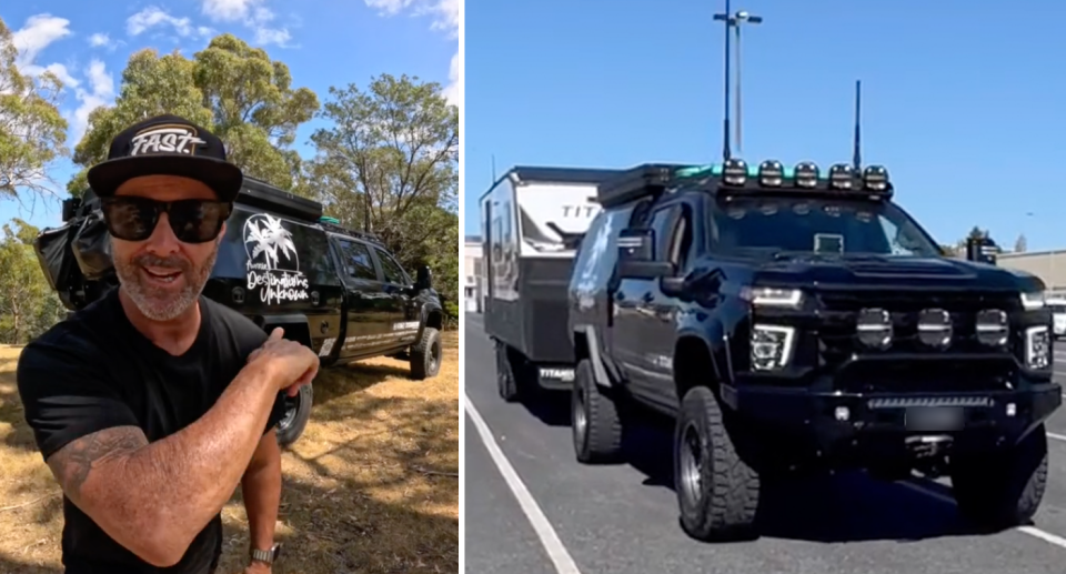 Left, Mega truck driver Chris Maujean wears a cap and sunglasses while pointing towards his truck. Right, the black truck towing a caravan behind it. 