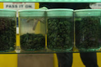 Budtender Rey Cruz puts back cannabis after a customer bought some at the Marijuana Paradise on Friday, April 19, 2024, in Portland, Ore. (AP Photo/Jenny Kane)