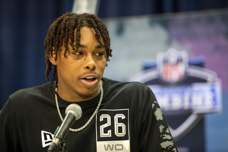 Justin Jefferson talks to the media at the NFL Scouting Combine on Tuesday, Feb. 25, 2020 in Indianapolis. (Detroit Lions via AP)