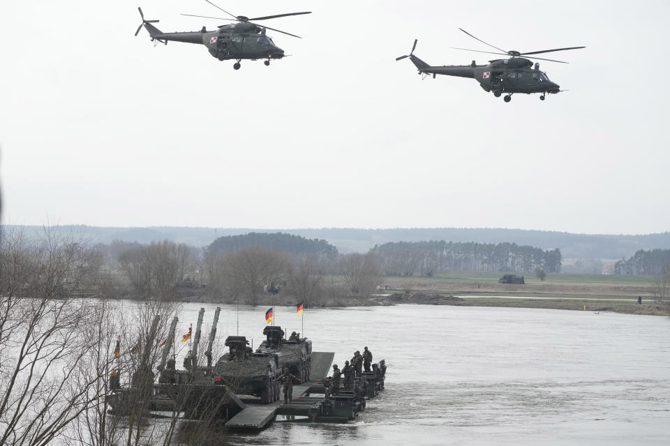 Polish and other NATO troops take part in military drills in Korzeniewo, Poland, Monday, March 4, 2024, as the alliance is strengthening its defense capabilities on the eastern flank, in the face of Russia's war on Ukraine that has entered its third year. (AP Photo/Czarek Sokolowski)