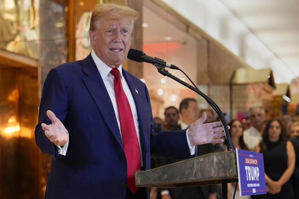 Former President Donald Trump speaks during a news conference at Trump Tower, Friday, May 31, 2024, in New York. A day after a New York jury found Donald Trump guilty of 34 felony charges, the presumptive Republican presidential nominee addressed the conviction and likely attempt to cast his campaign in a new light. (AP Photo/Julia Nikhinson)