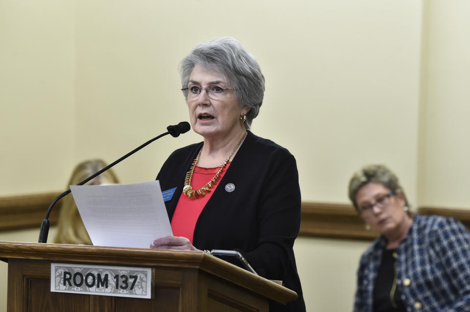 FILE - In this Jan. 19, 2021, file photo, state Rep. Sharon Greef speaks at the State Capitol in Helena, Mont. Greef has called medication abortions “the Wild West of the abortion industry” and says the drugs should be taken under close supervision of medical professionals, “not as part of a do-it-yourself abortion far from a clinic or hospital.” Opponents of the bans say telemedicine abortions are safe, and outlawing them would have a disproportionate effect on rural residents who face long drives to the nearest abortion clinic. (Thom Bridge/Independent Record via AP, File)