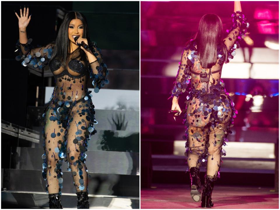 Cardi B performs at Wirless Festival in a black sparkling jumpsuit