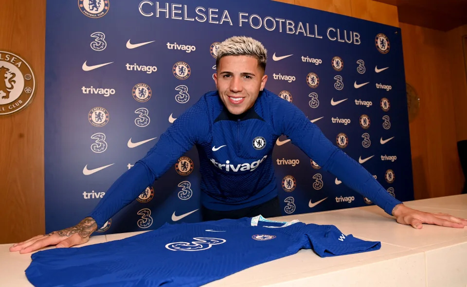 COBHAM, ENGLAND - FEBRUARY 01: Chelsea unveil new signing Enzo Fernandez at Chelsea Training Ground on February 1, 2023 in Cobham, England. (Photo by Darren Walsh/Chelsea FC via Getty Images)