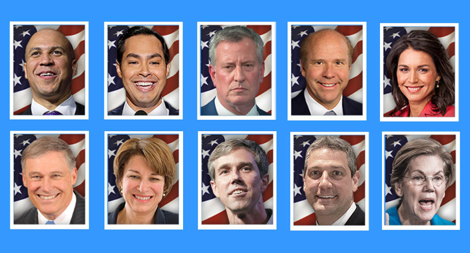 Top row, left to right: Cory Booker, Julian Castro, Bill de Blasio, John Delaney, Tulsi Gabbard. Bottom row, left to right: Jay Inslee, Amy Klobuchar, Beto O'Rourke, Tim Ryan and Elizabeth Warren. (Yahoo News photo Illustration; photos: AP, Getty Images)