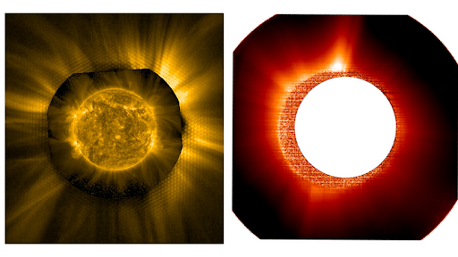  Two views of the sun, the left looks like a yellow fiery ball of plasma while the right looks like a glowing white light with reddish beams around it. 