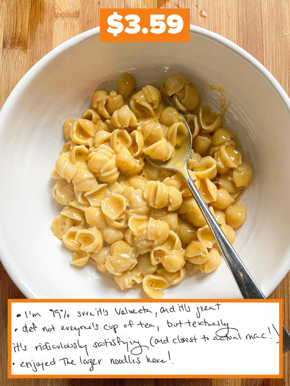 Cost: $3.59; Author's handwritten notes at the bottom, including "I'm 99% sure this is Velveeta, and it's great"