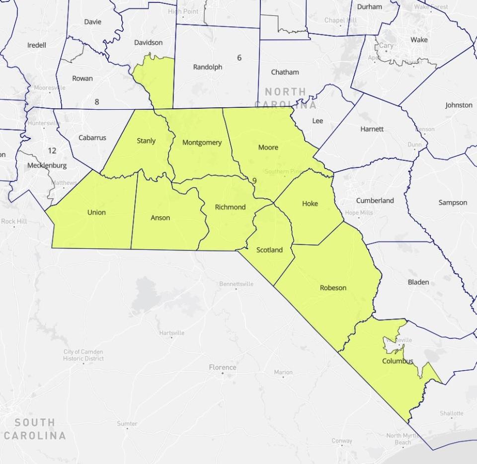 If approved in court, North Carolina’s new 9th Congressional District would run from Davidson County in the central Piedmont region down to the Charlotte suburbs in Union County and then across the state to the farmland of Columbus County in the southeast corner.