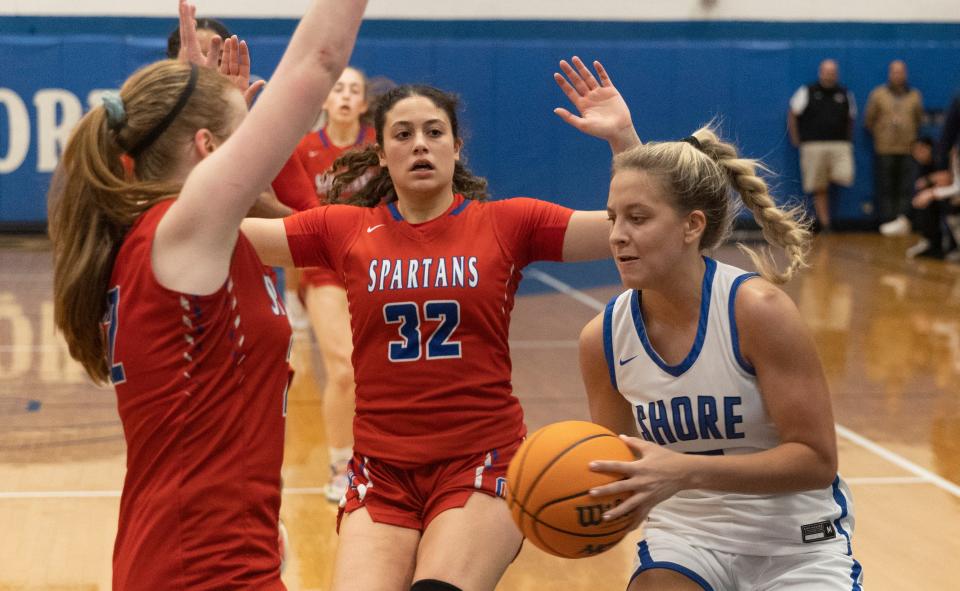 Shore Rylee Drahos looks to pass into the basket in first half action.  Shore Regional Girls Basketball defeats Ocean Top High School  in West Long Branch on January 12, 2023.