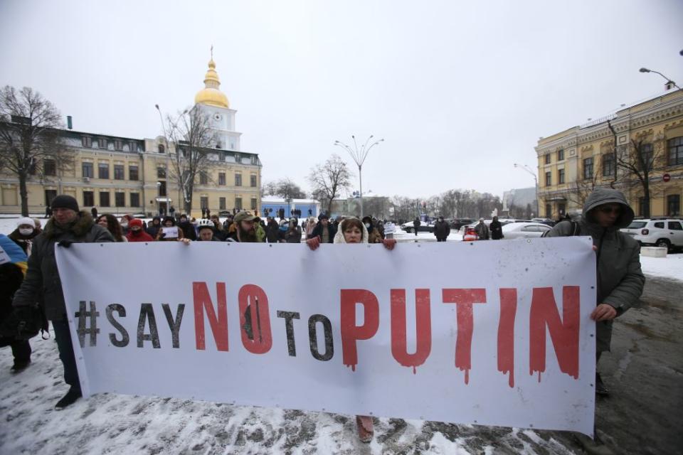 A rally "Say no to Putin" is held in Kiev, Ukraine on January 9, 2021. Ukrainian nationalists are displeased with the interference of Russian President Vladimir Putin in the internal affairs of Kazakhstan. Russia sent about 3,000 troops to Kazakhstan to quell protests.<span class="copyright">Anadolu Agency-Getty Images</span>