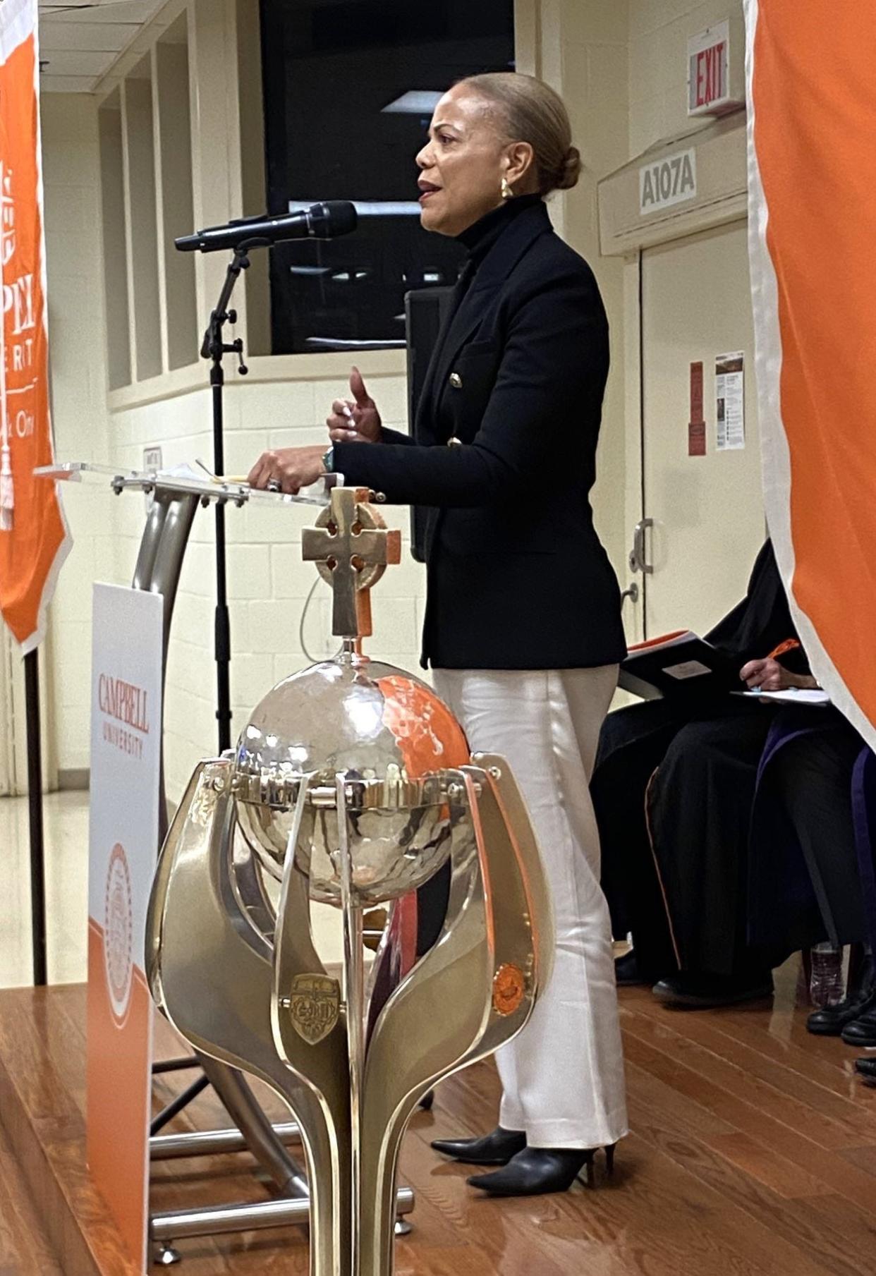 Kristi Jones, chief of staff for NC Gov. Roy Cooper, speaks at a Campbell University commencement ceremony held on Thursday, Nov. 2, 2023 at Scotland Correctional Institution. The graduates are inmates at Sampson Correctional Institution and are part of the Second Chance Initiative, sponsored by the Bob Barker Foundation and operated by the Campbell and N.C. Dept. of Adult Correction.