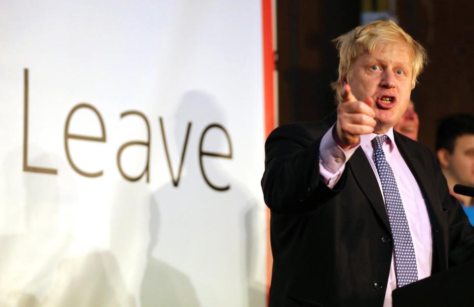 Johnson addresses supporters during a rally for the Vote Leave campaign in 2016 (Getty)