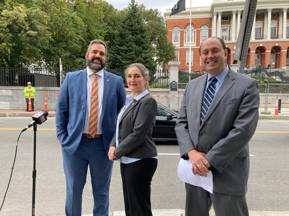 State Reps. Michael Connolly, D-Cambridge, left, and Jamie Belsito, D-Topsfield, with Sen. Jamie Eldridge, D-Acton, discuss their legislation to cap the Chapter 62F refund for individuals at $6,500 while redirecting most of the overage to middle- and low-income residents; earmarking an additional $200 for more than 3.5 million people.