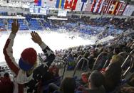 A hockey fan celebrates a goal by the U.S. against Sweden during a women's semi-final ice hockey game at the 2014 Sochi Winter Olympic Games, February 17, 2014. REUTERS/Jim Young