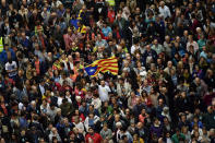 <p>Pro independence supporters take part in a rally in support for the Catalonia’s secession referendum, in Bilbao, northern Spain, Saturday, Sept. 30, 2017. (Photo: Alvaro Barrientos/AP) </p>