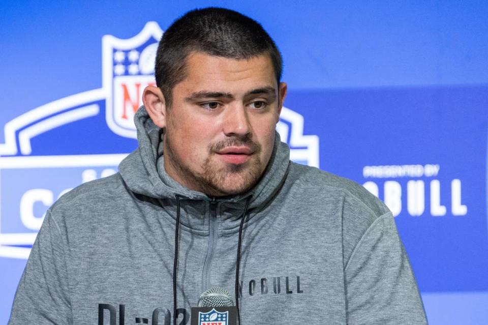 Mar 1, 2023; Indianapolis, IN, USA; Clemson defensive lineman Bryan Bresee (DL02) speaks to the press at the NFL Combine at Lucas Oil Stadium. Mandatory Credit: Trevor Ruszkowski-USA TODAY Sports