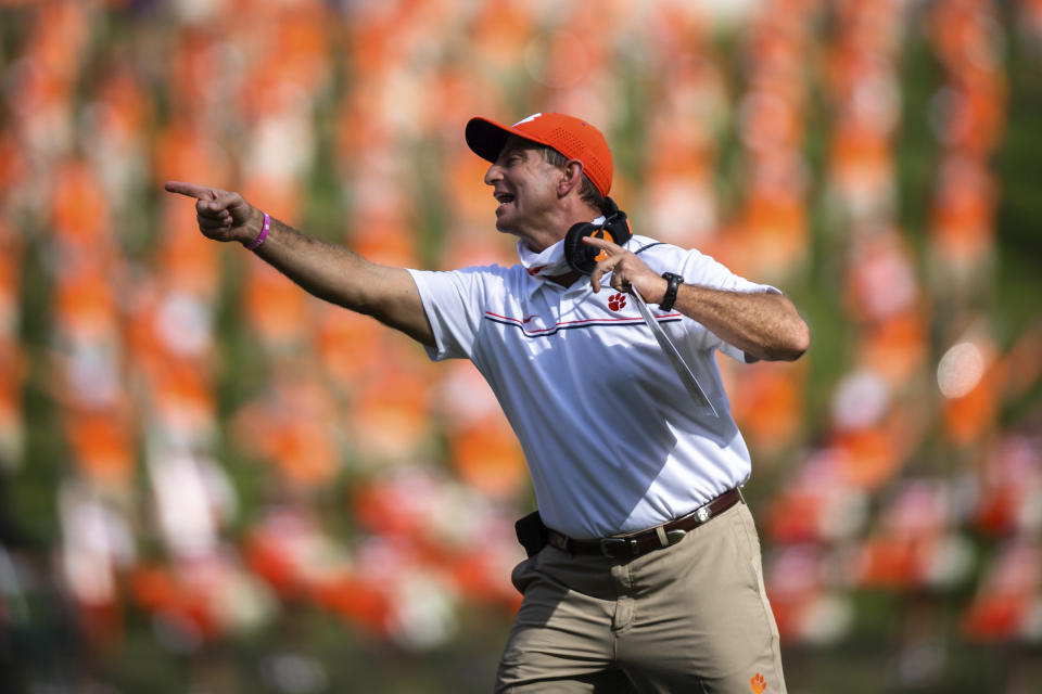 Clemson coach Dabo Swinney reacts in the second half of an NCAA college football game against Syracuse in Clemson, S.C., Saturday, Oct. 24, 2020. (Ken Ruinard/Pool Photo via AP)