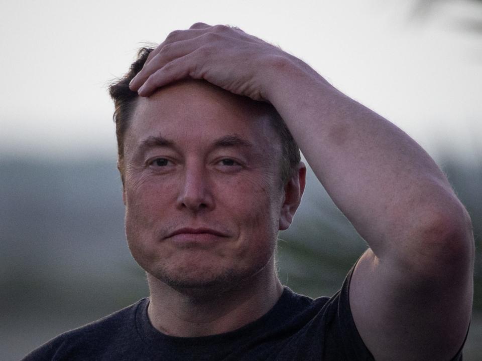 A picture of Elon Musk from the shoulders up. He's wearing a black t-shirt and clasping his left hand to his head with a calm expression on his face.