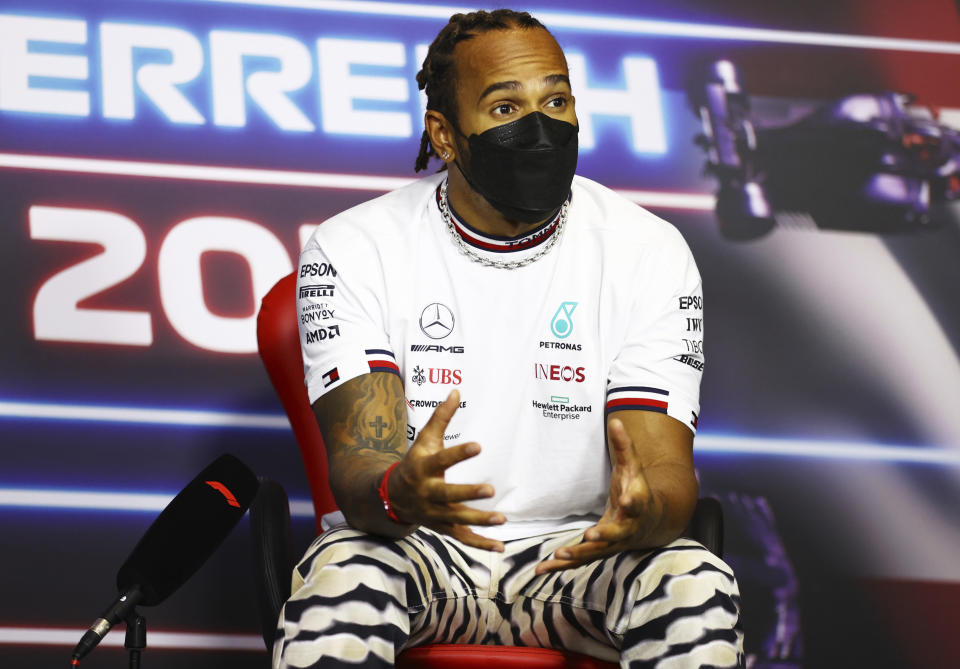 Mercedes driver Lewis Hamilton of Britain attends a media conference ahead of the Austrian Formula One Grand Prix at the Red Bull Ring racetrack in Spielberg, Austria, Thursday, July 1, 2021. (Bryn Lennon/Pool Photo via AP)