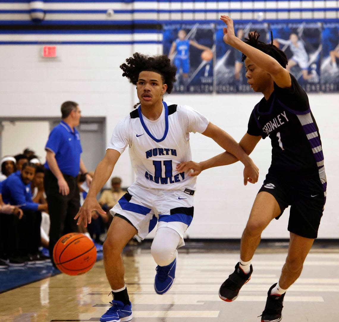 North Crowley guard Isaak Hayes (11) is the 2023-2024 Fort Worth-area Newcomer of the Year. Bob Booth/Special to the Star-Telegram