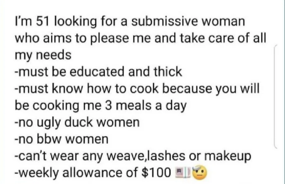 "I'm 51 looking for a submissive woman"