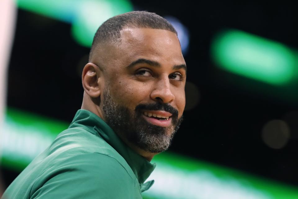 Boston Celtics head coach Ime Udoka during the second half of an NBA basketball game against the Denver Nuggets, Friday, Feb. 11, 2022, in Boston. (AP Photo/Michael Dwyer)