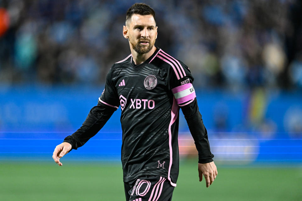 CHARLOTTE, NORTH CAROLINA - OCTOBER 21: Lionel Messi #10 of Inter Miami looks on during the second half of his match against Charlotte FC at Bank of America Stadium on October 21, 2023 in Charlotte, North Carolina. (Photo by Matt Kelley/Getty Images)