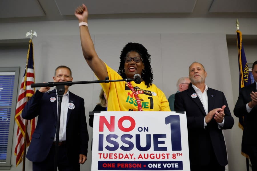Deidra Reese, statewide program manager for the Ohio Unity Coalition, celebrates the defeat of Issue 1 during a watch party Tuesday, Aug. 8, 2023, in Columbus, Ohio. (AP Photo/Jay LaPrete)