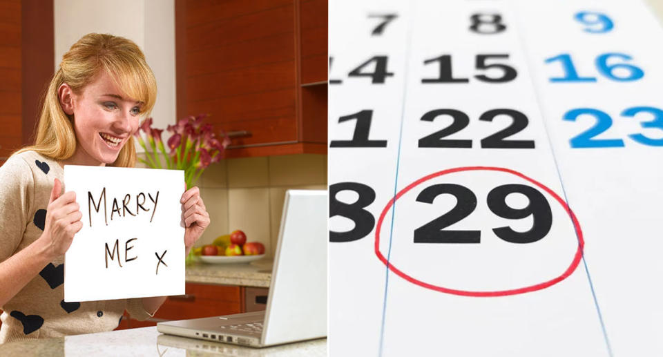 Woman holds up a sign saying 'Marry Me' (left) and 29 circled on a calendar (right).