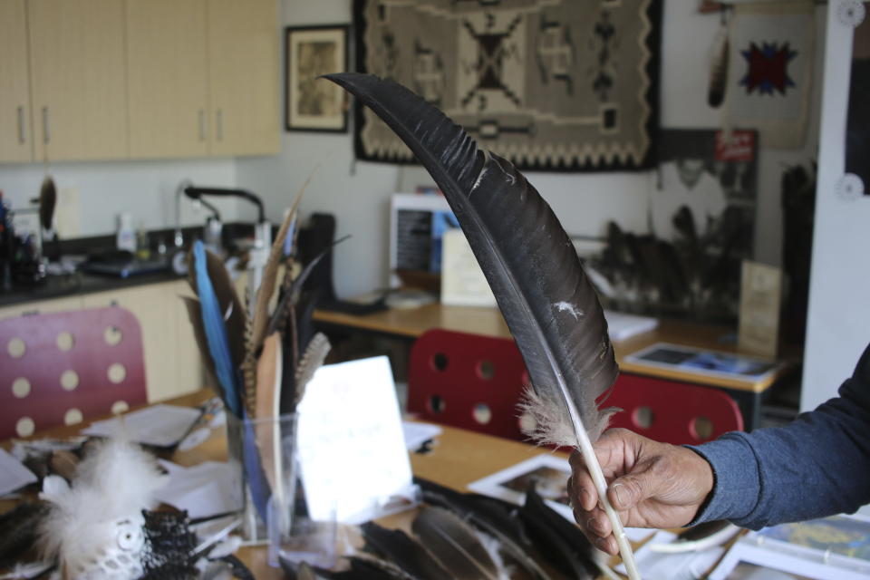 Non-eagle bird carcasses and bird feathers are stored at the Liberty Wildlife Non-Eagle Feather Repository in Phoenix, Tuesday, Feb. 27, 2024. Citizens of federally recognized Native American tribes who are 18 and older can request items from the repository for religious and ceremonial purposes. (AP Photo/Cheyanne Mumphrey)