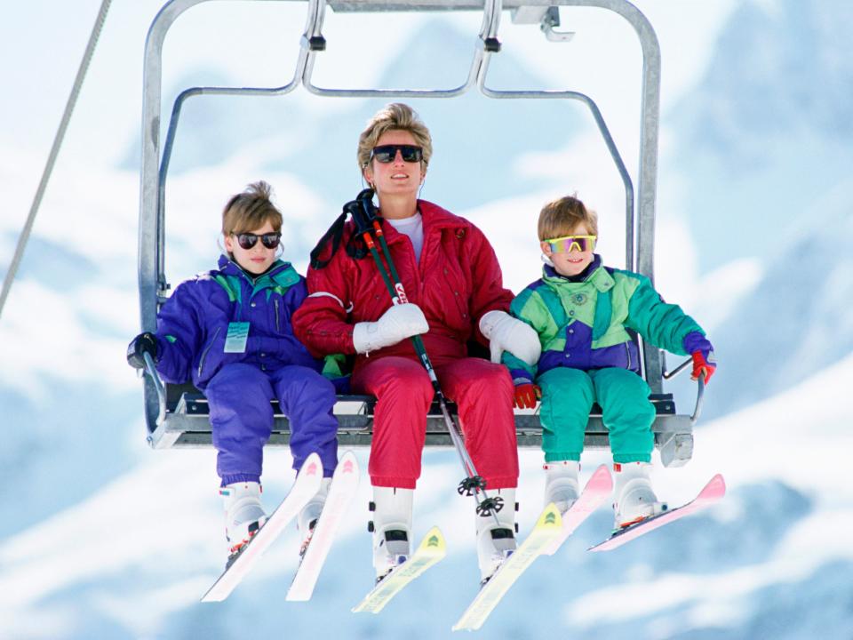 The Princess Of Wales With Her Two Sons, Prince William And Prince Harry On A Chair-lift During A Ski Hloiday In Lech, Austria