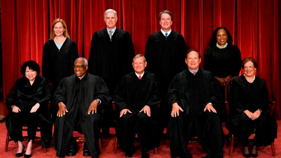 PHOTO: Justices of the US Supreme Court pose for their official photo at the Supreme Court in Washington, D.C., on Oct.7, 2022. (Olivier Douliery/AFP via Getty Images, FILE)