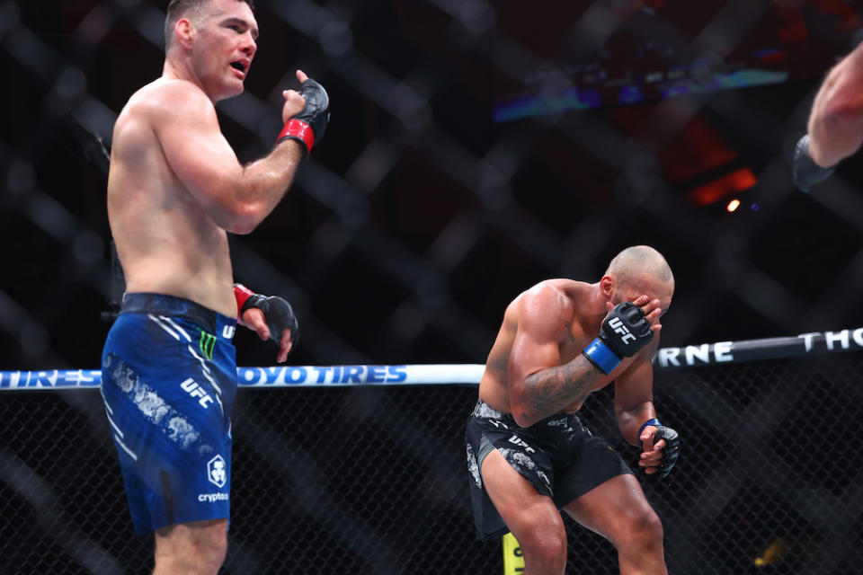 Mar 30, 2024; Atlantic City, New Jersey, USA; Chris Weidman (red gloves) fights Bruno Silva (blue gloves) during UFC Fight Night at Boardwalk Hall. Mandatory Credit: Ed Mulholland-USA TODAY Sports