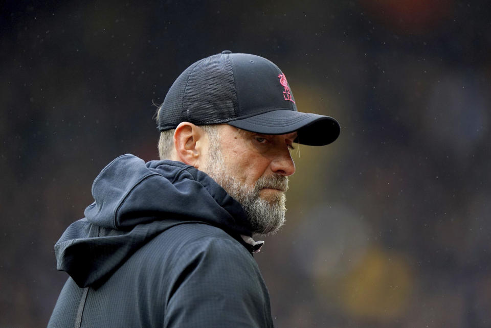 Liverpool manager Jurgen Klopp looks on ahead of the English Premier League soccer match between Wolverhampton Wanderers and Liverpool, at Molineux Stadium, in Wolverhampton, England, Saturday, Feb. 4, 2023. (Tim Goode/PA via AP)