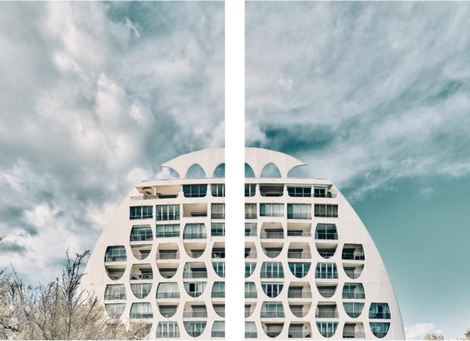 The "Sculpted Spaces" exhibit also features "Poséidon Diptych," a two-panel piece that captures the round shaped apartment building Le Poséidon in La Grande-Motte in the south of France.