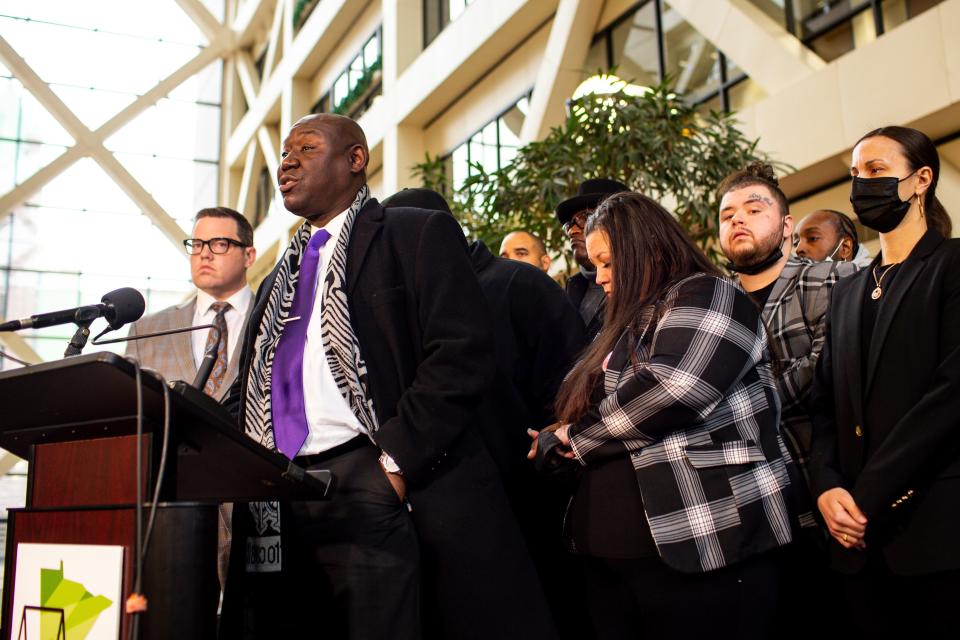 Attorney Ben Crump, along with the family of Daunte Wright, speaks with the media after former Brooklyn Center Police Officer Kim Potter was sentenced to two years in prison, Friday, Feb. 18, 2022, in Minneapolis. Potter was convicted in December of both first-degree and second-degree manslaughter in the April 11 killing of Wright, a 20-year-old Black motorist.