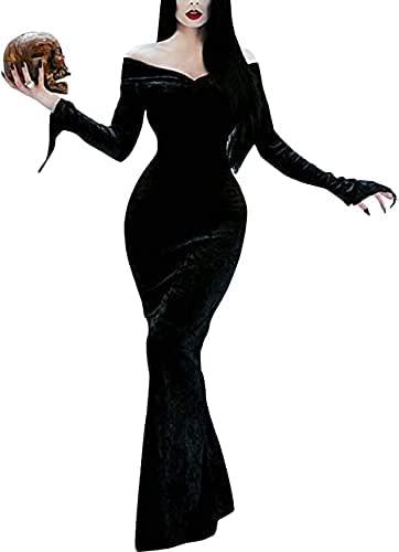 model wears Morticia Addams Cosplay Costume Wednesday Dress Floor Dress Costume Adult Women Gothic Witch Vintage Dress with Wig