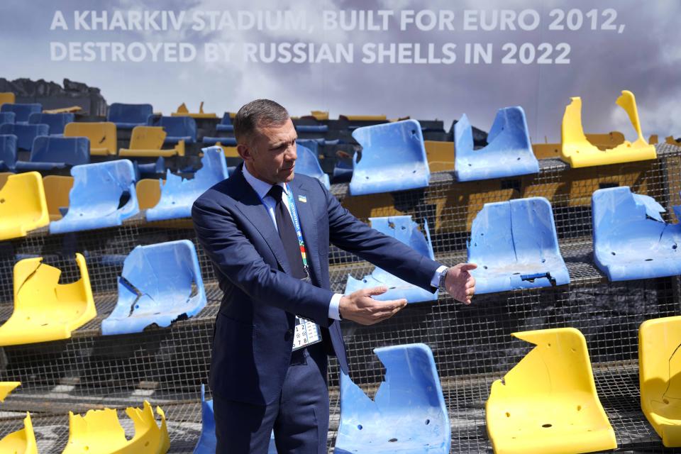 Ukraine displays destroyed stadium stand in Munich in reminder of war