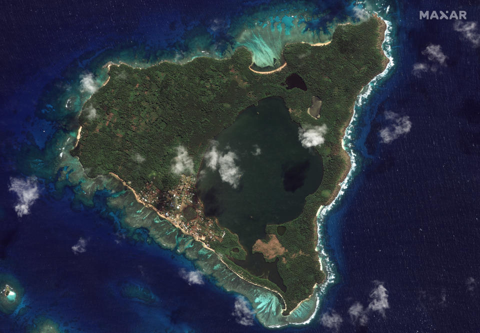 This satellite image provided by Maxar Technologies shows an overview of Nomuka in the Tonga island group on Aug. 17, 2020, before the damage from the Jan. 15, 2022, eruption. (Satellite image ©2022 Maxar Technologies via AP)