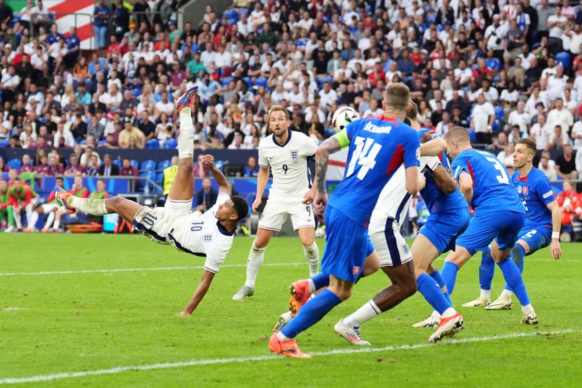 Jude Bellingham scores England's side's first goal of the game during the UEFA Euro 2024, round of 16 match at the Arena AufSchalke in Gelsenkirchen, Germany <i>(Image: Adam Davy/PA Wire)</i>