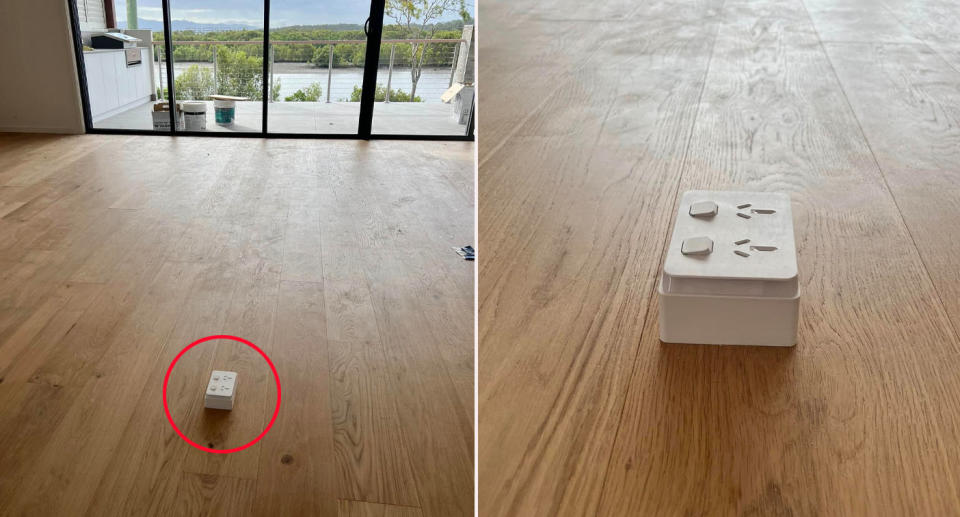 Power point in centre of living room floor in a Queensland new build home. 