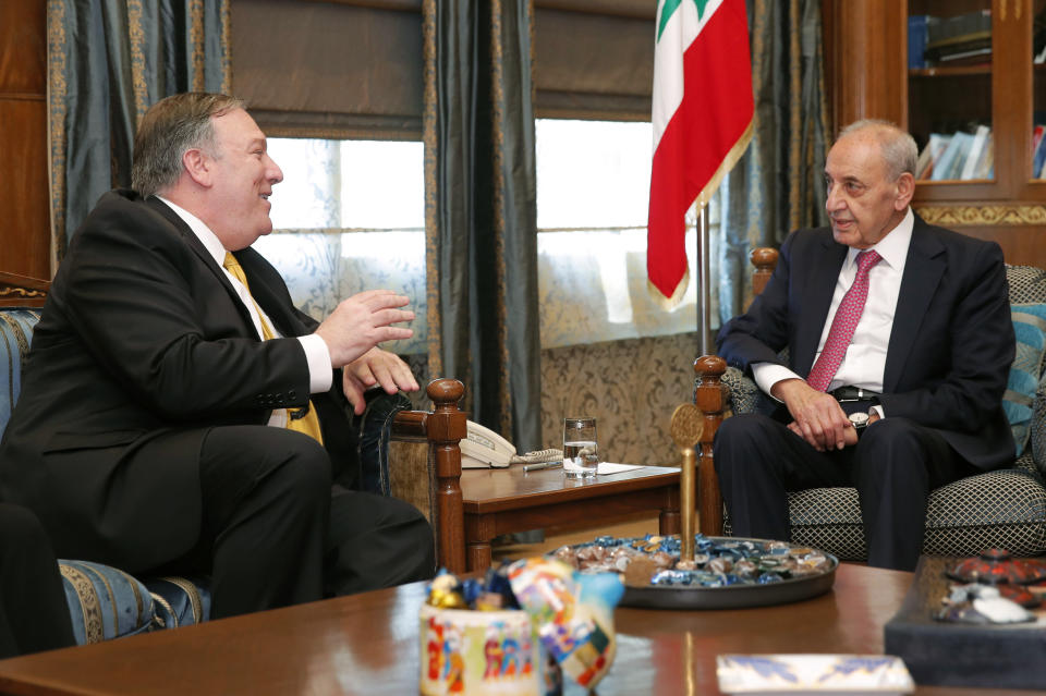 U.S. Secretary of State Mike Pompeo meets with Lebanese Parliament Speaker Nabih Berri, in Beirut, Friday, March 22, 2019. (Jim Young/Pool Image via AP)