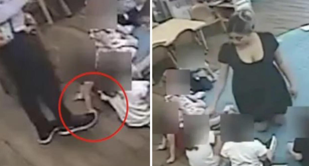 In the video, one teacher can allegedly be seen stepping on a child's hand before a second teacher pokes the child in their face. Source: NBC News