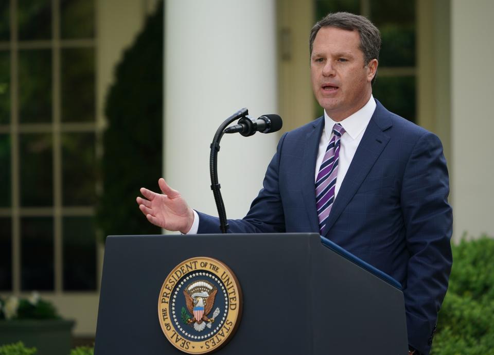 Walmart CEO, Doug McMillon speaks during a news conference with US President Donald Trump on the novel coronavirus, COVID-19, in the Rose Garden of the White House in Washington, DC on April 27, 2020. (Photo by MANDEL NGAN / AFP) (Photo by MANDEL NGAN/AFP via Getty Images)